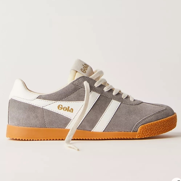 Gola Shoes - Gola Women's Gray Suede Sneakers with White Stripes and Gum Sole